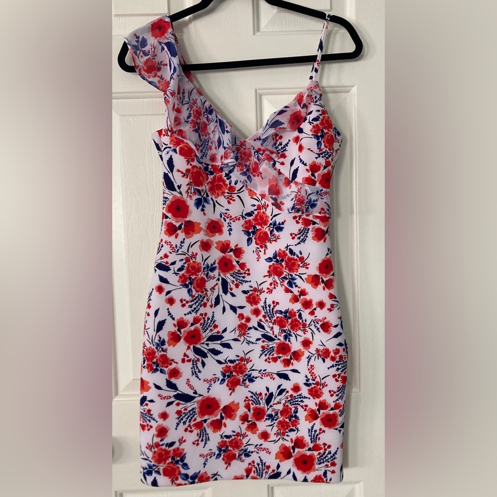 Guess Red & Navy Floral One-Shoulder Dress